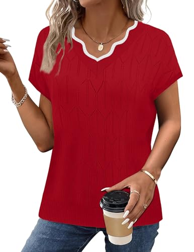 Image of WIHOLL Womens Summer Tops Cap Sleeve Sweater V Neck Shirts Beach Vacation Clothes Business Casual Fashion Clothing
