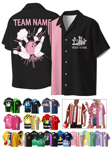Custom Bowling Shirts for Men Women, Retro Vintage Bowling Jersey Personalized Button Down Casual Shirt with Team Name Gifts