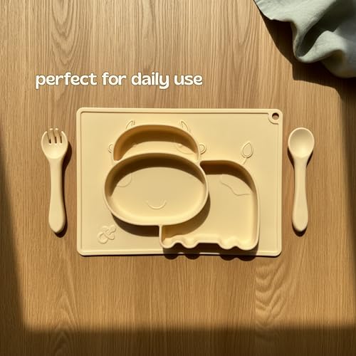 Image of Silicone Baby Meal Plate Set with Spoon & Fork | Hippo Shaped | Banana Yellow | 3 Section Divided Plate for Toddlers | Food Grade Kids Feeding Set | Microwave Dishwasher Safe