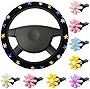 Cute Flower Car Accessories Set for Women Girls Embroidery Floral Steering Wheel Cover for Universal Fit 14.5-15 Inch with 8 Pcs Colorful Daisy Car Air Vent Clips Automotive Car Interior Decorations