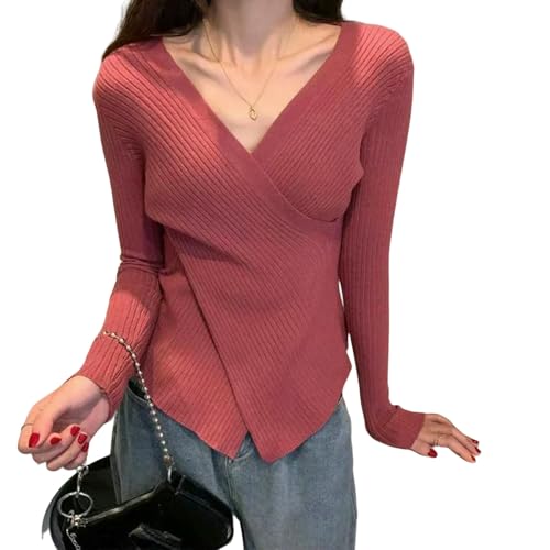 JGDSDMJG Ropa Mujer Camiseta De Jersey De Punto Camiseta De Manga Larga Ajustada Blusa Elástica Cruzada De Cuello V Blusa De Punto para Mujeres-453 Rosa-XXL