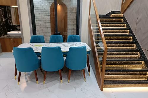 Image of WOODEN SPACE 6-Seater Wooden Dining Table Set | Nano Composite Marble Top | Solid Wood Base | Modern Dining Room Furniture with 6 Chairs (Blue)