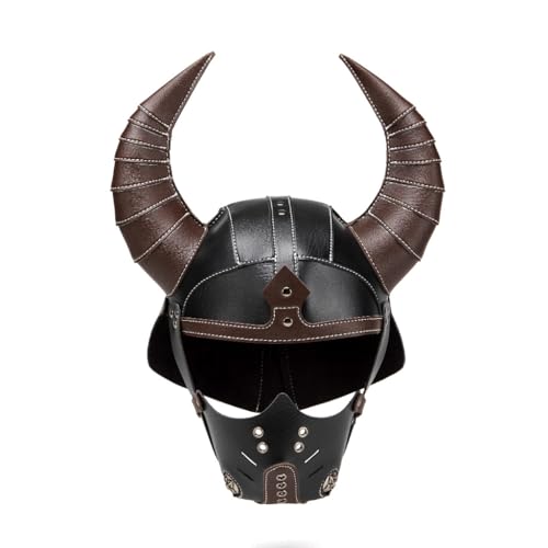 Casque de Viking médiéval marron avec cornes et masque de costume rigide
