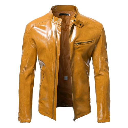 Manteau de motard coupe slim zippée en similicuir marron col montant