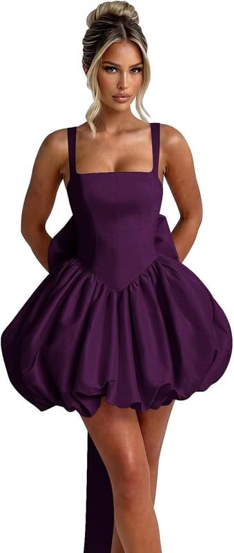 Satin Homecoming Dresses for Teens 2025 Spaghetti Straps Puffy Mini Cocktail Pary Dresses with Bow LSH41