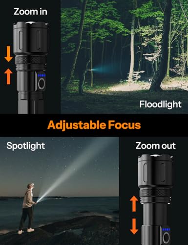 Image of UN1QUE 20000 Lumens High Power Torch Light, Torch Rechargeable with 4 Light Modes, Adjustable Focus Flashlight, IP45 Water-Resistant, Black