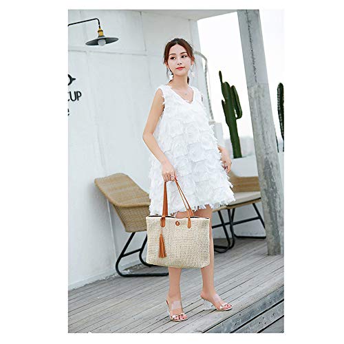 QTKJ Women Straw Summer Beach Bag Handwoven Big Tote Leather Shoulder Handbag with Tassel Decorate (Brown)