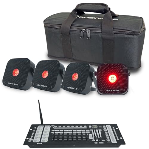 Rockville Bundle: (1) 4 PACK MINI RF1 V3 Black Rechargable DJ Par Wash Up Lights+Bag+RF+APP+(1) ROCKFORCE W2 192 Ch Wireless 2.4Ghz DMX Lighting Controller (2 Item)