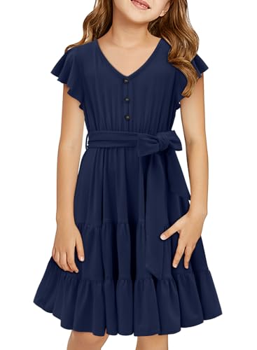 storeofbaby Girls Short Sleeve Dress V Neck Button Ruffle Hem Dresses with Belt