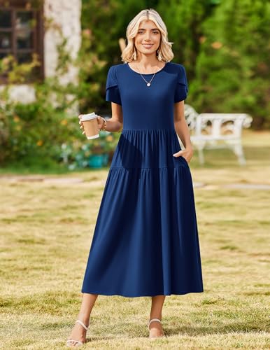Image of Zeagoo Summer Dresses for Women 2026 Maxi Bohemian Floral Short Sleeve Long Dress Casual Flowy Tired Beach Sundress