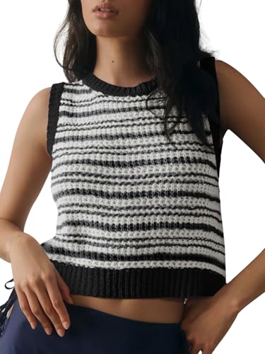 Image of Yousify Womens Tie Front Tops Chunky Sleeveless Sweaters Striped Summer Sweater Tanks ColorBlack Crop Cardigan Black L
