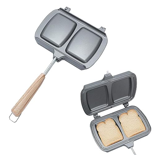 Qivine Hot Sandwich Maker, Pie Iron Double Sided Stove Top Sandwich Maker Non-Stick Cast Iron Sandwich Maker Panini Press Pan With Removable Handles For Breakfast Pancakes, Toast, Omelets (Type B)