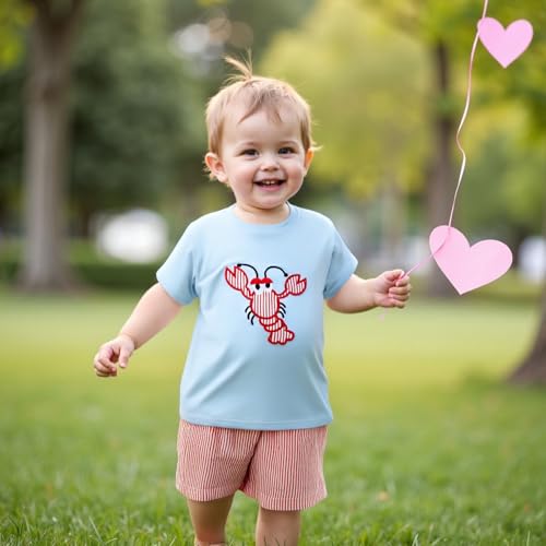 Image of Toddler Boy Summer Outfits Little Lobster Clothes Short Sleeve T-Shirts with Stripe Shorts 2Pcs Clothes Set (Crawfish Sky Blue, 5-6 Years)