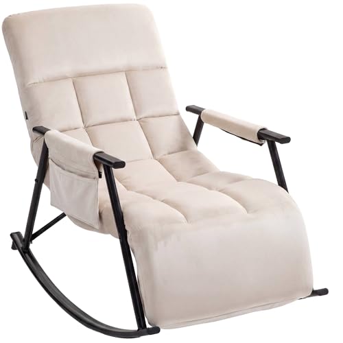 CLP Sillon mecedor Acolchado Elara con reposapies, Respaldo reclinable y Bolsillo Lateral, Apto para Lactancia Color:Crema;Material:Terciopelo