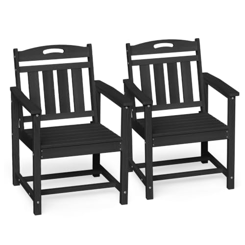 Image of Ciokea HDPE Outdoor Patio Dining Chairs Set of 2, All-Weather Porch Chair with Wide Seat, Durable Outdoor Furniture for Backyard, Garden, Lawn & Poolside, Black