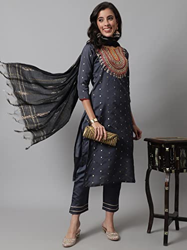 Image of VredeVogel Women's Silk Blend Embroidered Straight Kurta Trouser with Dupatta Set