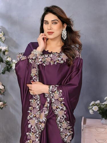 Image of Pandadi Saree Women's Satin Embroidery Work Saree With Unstitched Blouse Piece