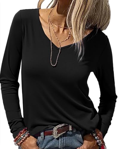 Wayleb Camiseta Manga Larga Mujer Elegante Básico Top T-Shirt Cuello en V Elástico Ligero Sólido Casual Túnica Top para Otoño y Invierno, Negro S