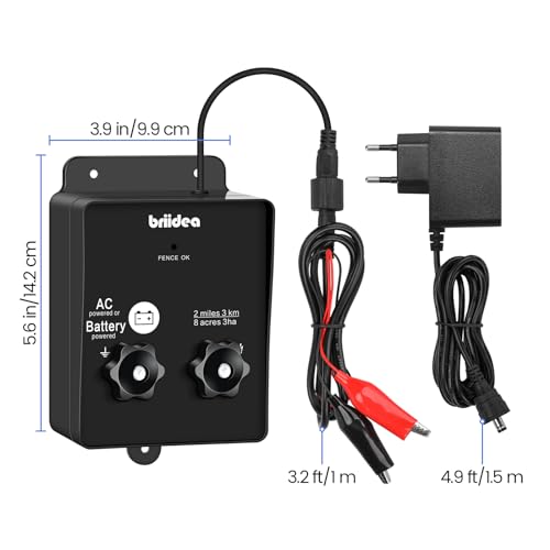 HEFC-04DE 230V Weidezaungerät, Briidea 2-Meile 8 Acres 2-in-1 Elektrischer Zaunladegerät betrieben von Batterie oder Netzadapter, 3 Joule, Schützen Sie Ihr Vieh, Gartenweide vor Wildtieren