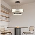 LED Modern Pendant Chandelier, 2 Ring Circular Black Ceiling Pendant Light Fixture, Dimmable 3000K-6500K, Adjustable Flush Mount Hanging Lights for Dining Room, Kitchen Island, Living Room, Office