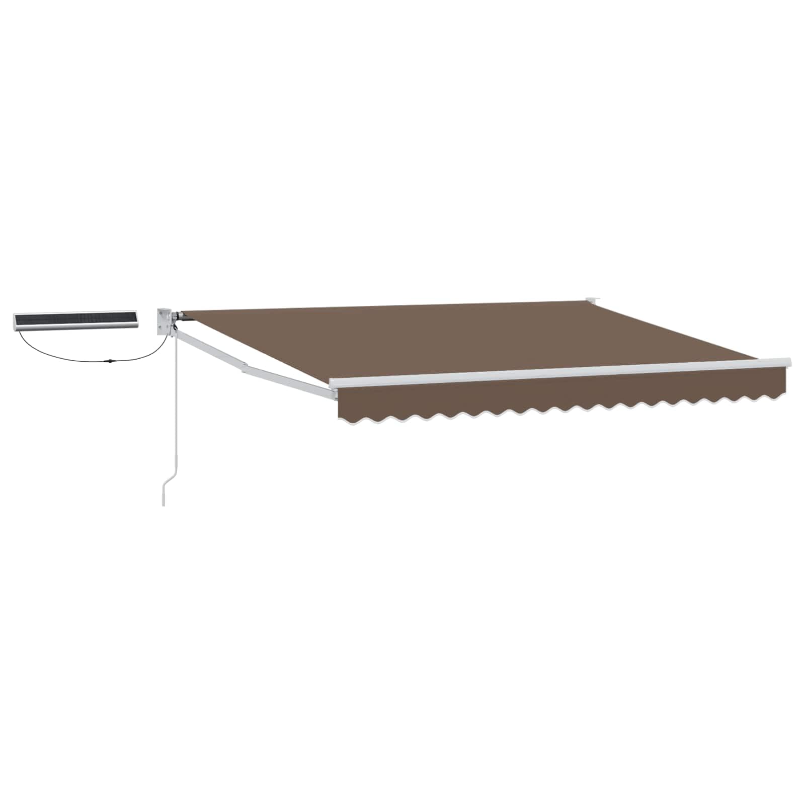 Toldo retráctil eléctrico, tela topo y marco blanco | Equipado con control remoto y panel solar, con un marco de aluminio duradero para la protección solar de patio y jardín.
