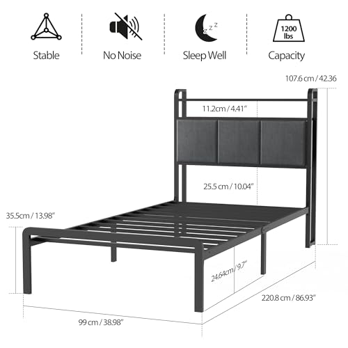 11.3 Inch Twin XL Bed Frame with Headboard Metal Platform Bed with USB Charging Station and LED Lights, No Box Spring Needed (Twin XL) by Arhomefurni - Image 2