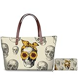 JEOCODY Day of the Dead Mexican Skull Sunflower Decor Wallet Long Coin Purse Clutch Cell Phone Case Skeleton Top Handle Bag Large Beach Shopping Shoulder Bag Gift
