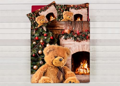CapitanCasa Saco nórdico cama 100% algodón Sueños Dorados Chimenea Oso Individual Chimenea Oso