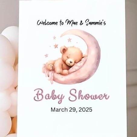 Personalized Acrylic Display Sign/Signature Board with Image and Greeting Ideal for Baby Showers, Gender Reveal, Pink Bear with Balloon Design. Many Other Styles Available. Made in CT, USA.
