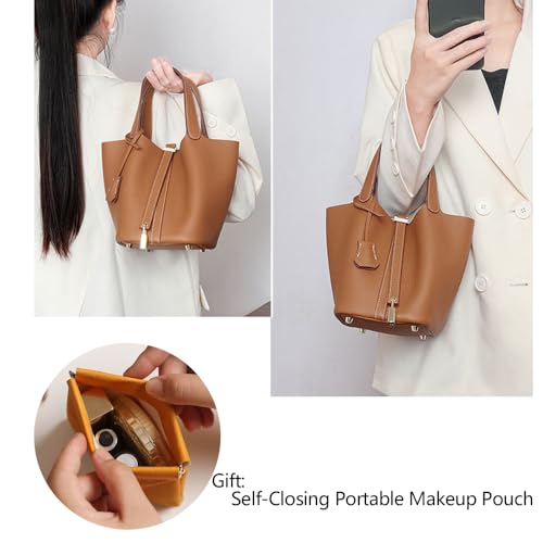 Genuine Leather Lock Design Bucket Bag Vegetable Basket, Fashionable and Versatile Satchel Handbag - Image 4