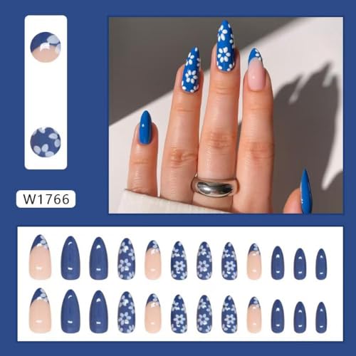 Image of Blue Press on Nials White Flower Fake Nails Medium Almond False Nails with Design French Tip Glue on Nails Artificial Acrylic Nail full Cover Spring Floral Stick on Nails for Women Manicure 24Pcs