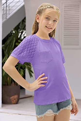 Image of Girls Summer Short Sleeve Shirts Lace Casual Cute Crew Neck Solid Color Blouses Tops Sizes 6-15 Years