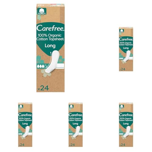 Carefree Slipeinlagen 100% Organic Cotton Topsheet Long (24 Stück), aus 100% zertifizierter Bio-Baumwolle für ein natürliches, trockenes Gefühl, Größe Long (Packung mit 5)