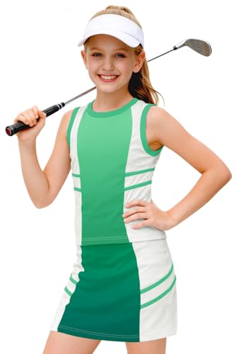 Image of AOBUTE Girls Tennis Golf Outfit Tank Top and Skirt with Shorts Set 4-12 Years
