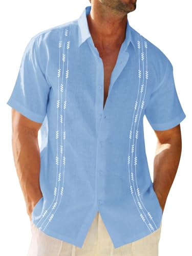 Runcati Mens Linen Shirt Guayabera Cuban Short Sleeve Button Down Cotton Summer Beach Hippie Shirts - Main Image