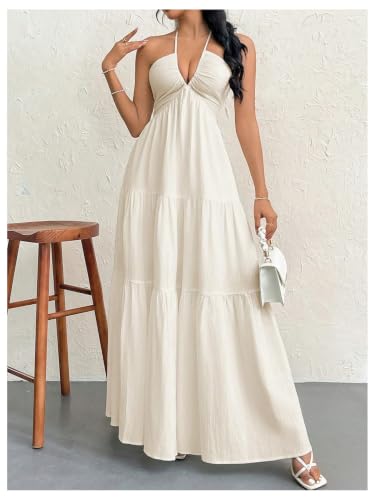 Image of SHENHE Women's Deep V Neck Backless Halter Flowy Dress