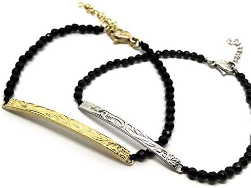Amazon ハワイアンジュエリー オニキス プレート ペアブレスレット ブラック ゴールド シルバー サージカルステンレス316l シルバー ゴールド ブレスレット 通販
