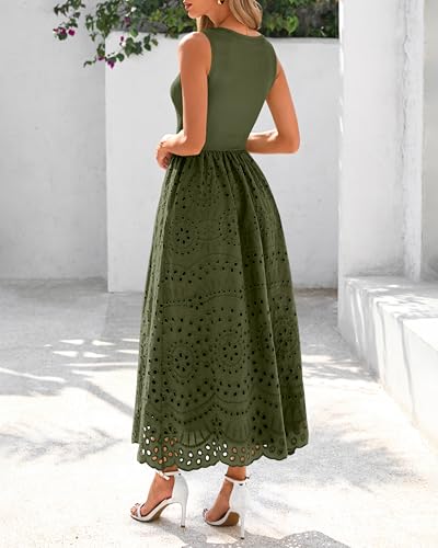 Image of dowerme Women Summer Dresses 2026 Casual Sleeveless Crewneck A-Line Boho Lace Eyelet Cotton Tank Maxi Dress with Pockets