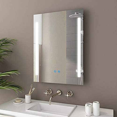 Specchio da bagno a LED, 50 x 70 cm, con interruttore touch, anti-appannamento, dimmerabile, bianco neutro, grado di protezione IP44, design quadrato, specchio cosmetico illuminato per bagni moderni