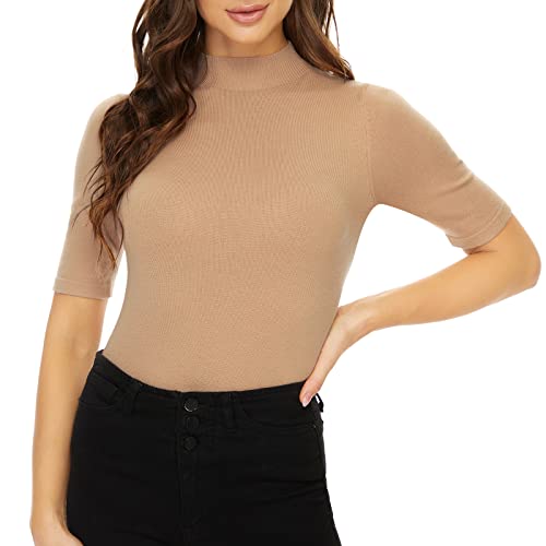 Image of Anbenser Women's Short Sleeve Mock Pullover Sweater Knit Jersey Top Slim Fit