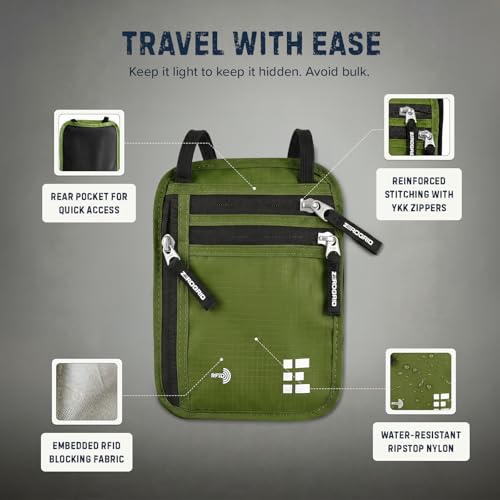 Image of Neck Wallet for Travel & Passport Holder with RFID Blocking - Slim & Easy to Conceal Nylon Travel Pouch for men & women - Holds Phone, Cash, Cards, Keys - Sweat & Water Resistant - Large - Green