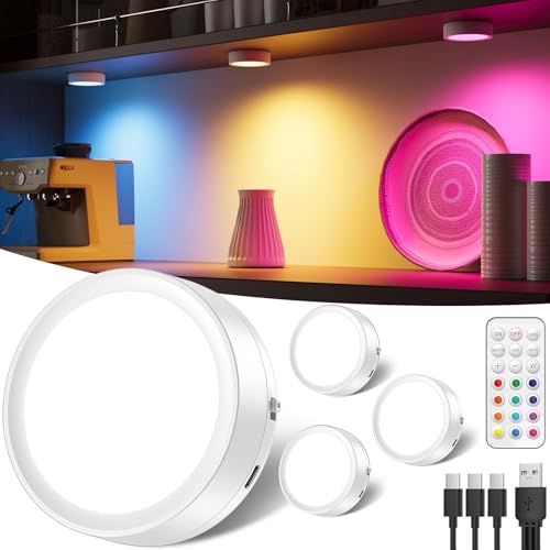 RGB LED Spot Akku mit Fernbedienung, 2400mAh USB Aufladbar Vitrinenbeleuchtung Kabellos Dimmbar Unterbauleuchte Küche LED Rund Magnet Schranklicht zum Kleben Spot Batterie mit Farbwechsel Timer