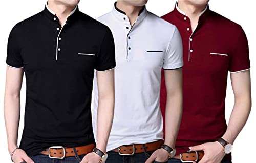 Image of Pixie Fashion Polycotton Mandarin Collar Half Sleeves Men's T-Shirts Combo (Pack of 3)