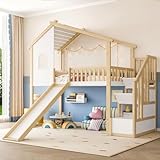 PUGSDRLY Lit Mezzanine Enfant 90x200cm avec Toboggan,Lit Mezzanine 1 Place avec échelle de Rangement,Design de la toiture,Barrière de sécurité,sans Matelas (Blanc+Naturel B)
