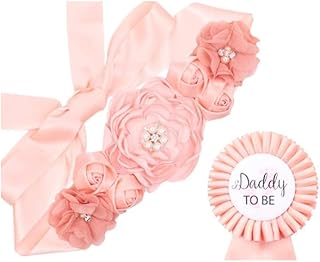 HAPPYLAND Baby Girl Shower Decorations Set Mommy to be Daddy to be Corsage Baby Shower Peach Sash and Tinplate Badge Pin Mommy Sash Pregnancy Maternity Sash to Be Baby Shower Belt Sash Keepsake