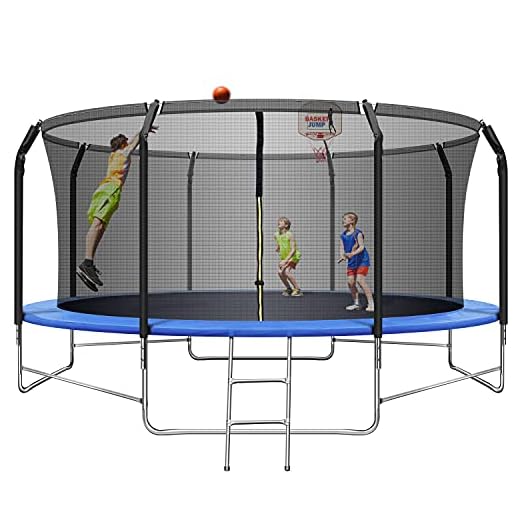 Upgraded 14FT Trampoline with Balance Bar & Basketball Hoop, 1.4MM Thickened Recreational Trampoline for Adults & Kids, ASTM Approved Reinforced Type Outdoor Trampoline with Enclosure Net & Ladder