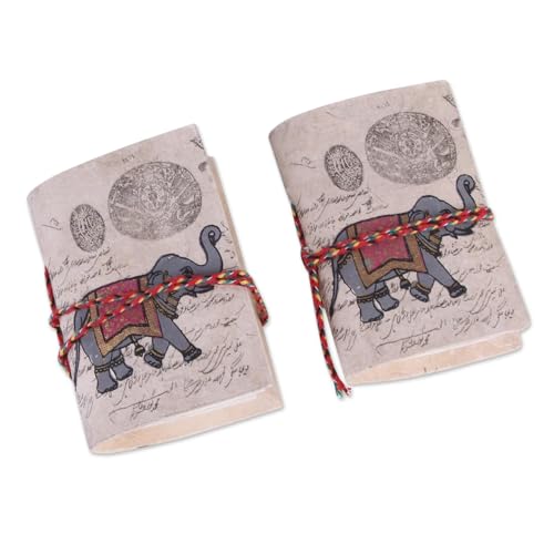 NOVICA Artisan Handmade Paper Minijournals 2 from India with Marching Elephants Beige Decor Accessories Hazelnut Animal Themed Bohemian [number of Pages Each 48 Pages 3in H x 2.2in W x 0.6in D] '