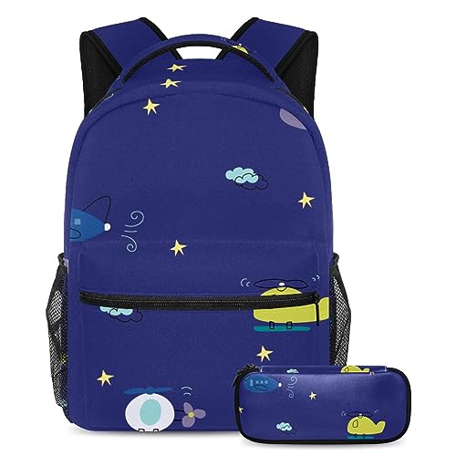 Sac à dos ergonomique motif avion pour soulager les épaules des écoliers et ados - Set de 2