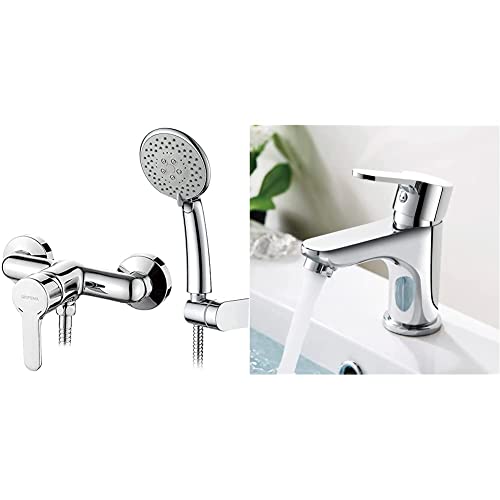 GRIFEMA PORTO-G12003 | Duscharmatur - Chrom & Bad Wasserhahn Wassersparend- Mischbatterie mit 50cm Kalt/Warmwasser Anschluss, Waschtischarmatur Infache Montage, Chrom