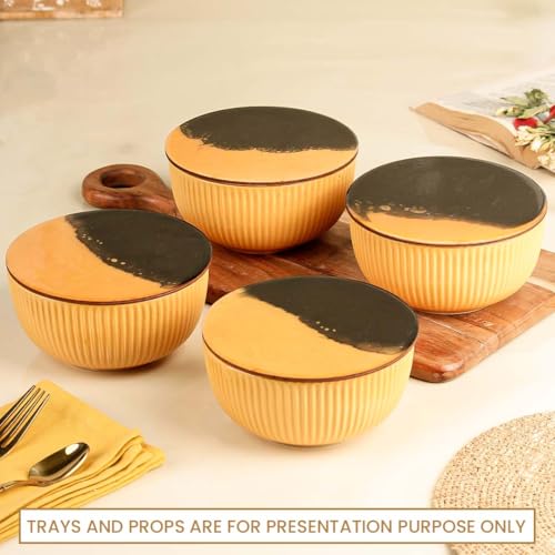 Image of The Earth Store Yellow Fringe Ceramic Bowl with Lid Set of 4, 550ML | Multipurpose Uses Coaster /Lid | Dishwasher & Microwave Safe Bowl | Ideal for Rice, Dal, Fruits, Salad, Snack, Mixing Bowl
